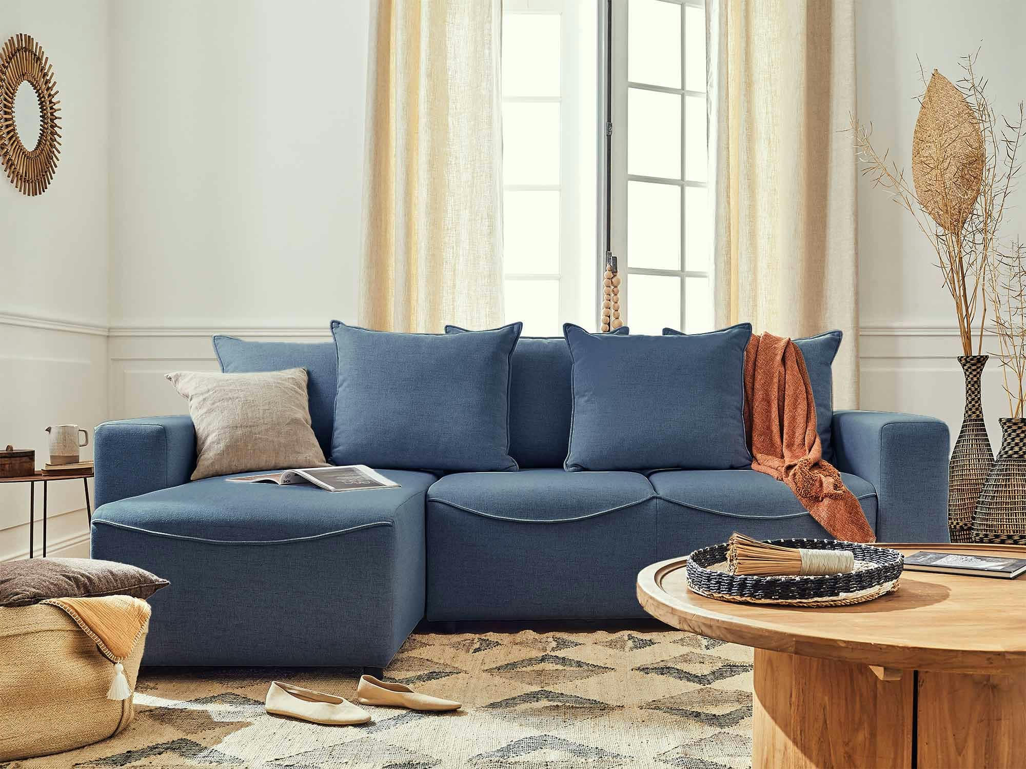 CAPUCINE - Canapé d'angle réversible convertible 4 places en tissu bleu