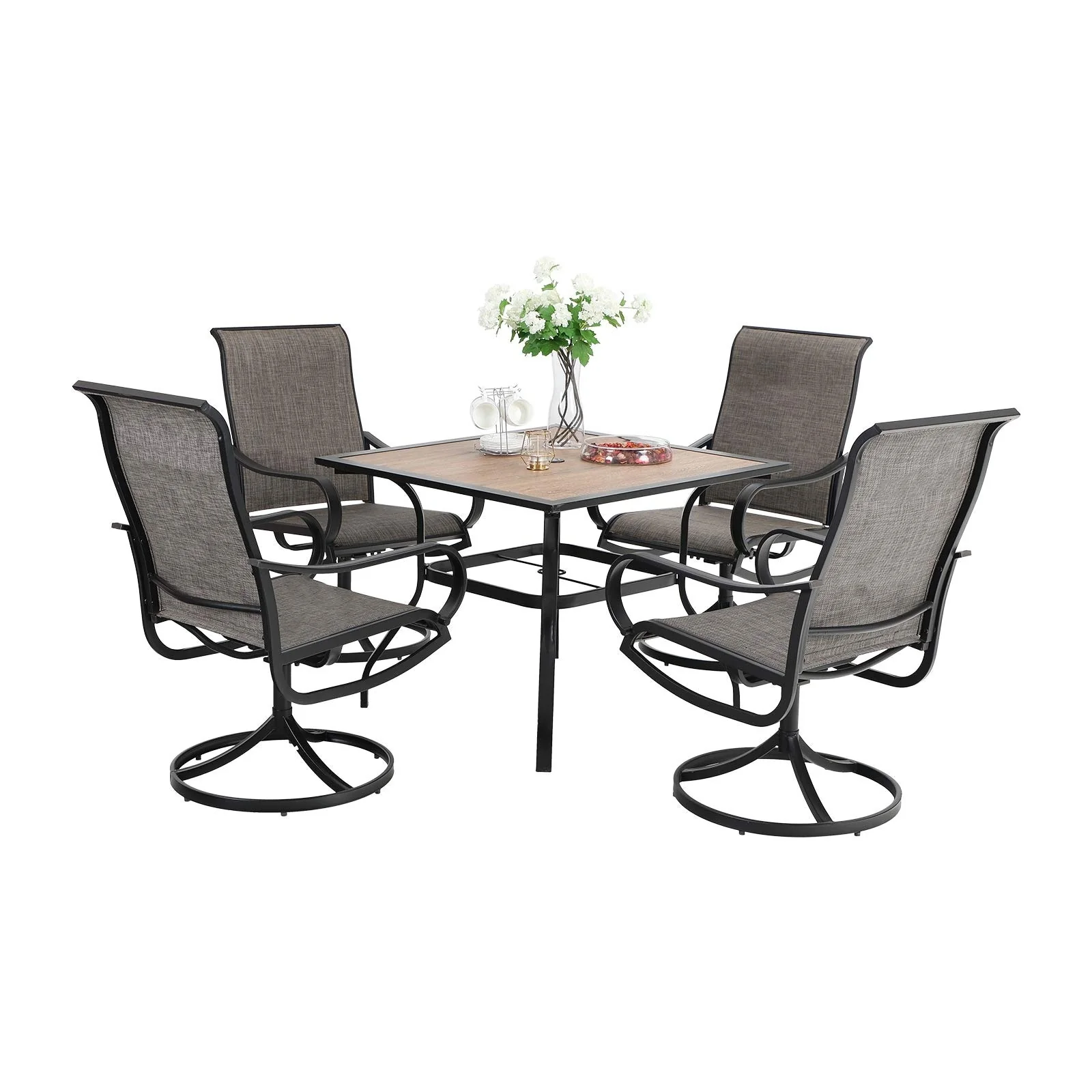 MAISON ARTS 5 Pieces Patio Dining Set, 4 Sling Dining Swivel Chairs and 37 Square Metal Table with Wood-Like Top