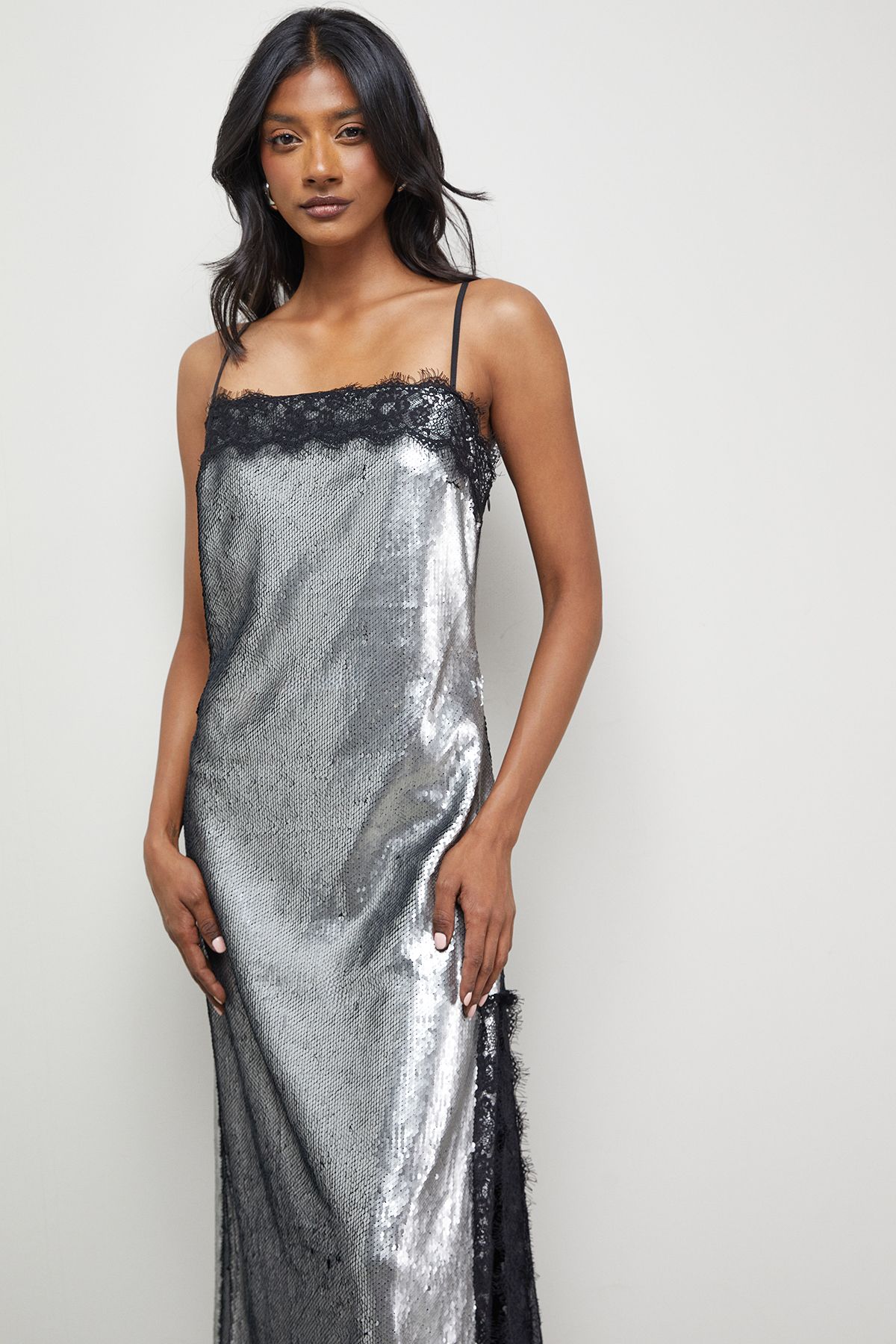 Warehouse Sequin Lace Trim Square Neck Midi Slip Dress