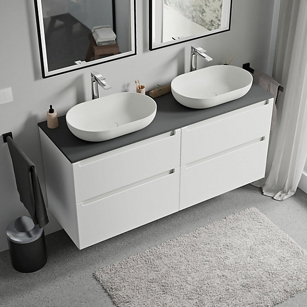 Meuble sous vasque suspendu MDF Blanc mat, plan vasque Anthracite mat, tiroirs pivotants - 140x46x62cm - VIREO