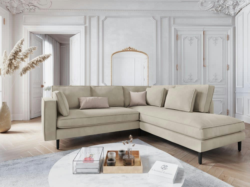 ALEXIS - Canapé d'angle 5 places en velours beige