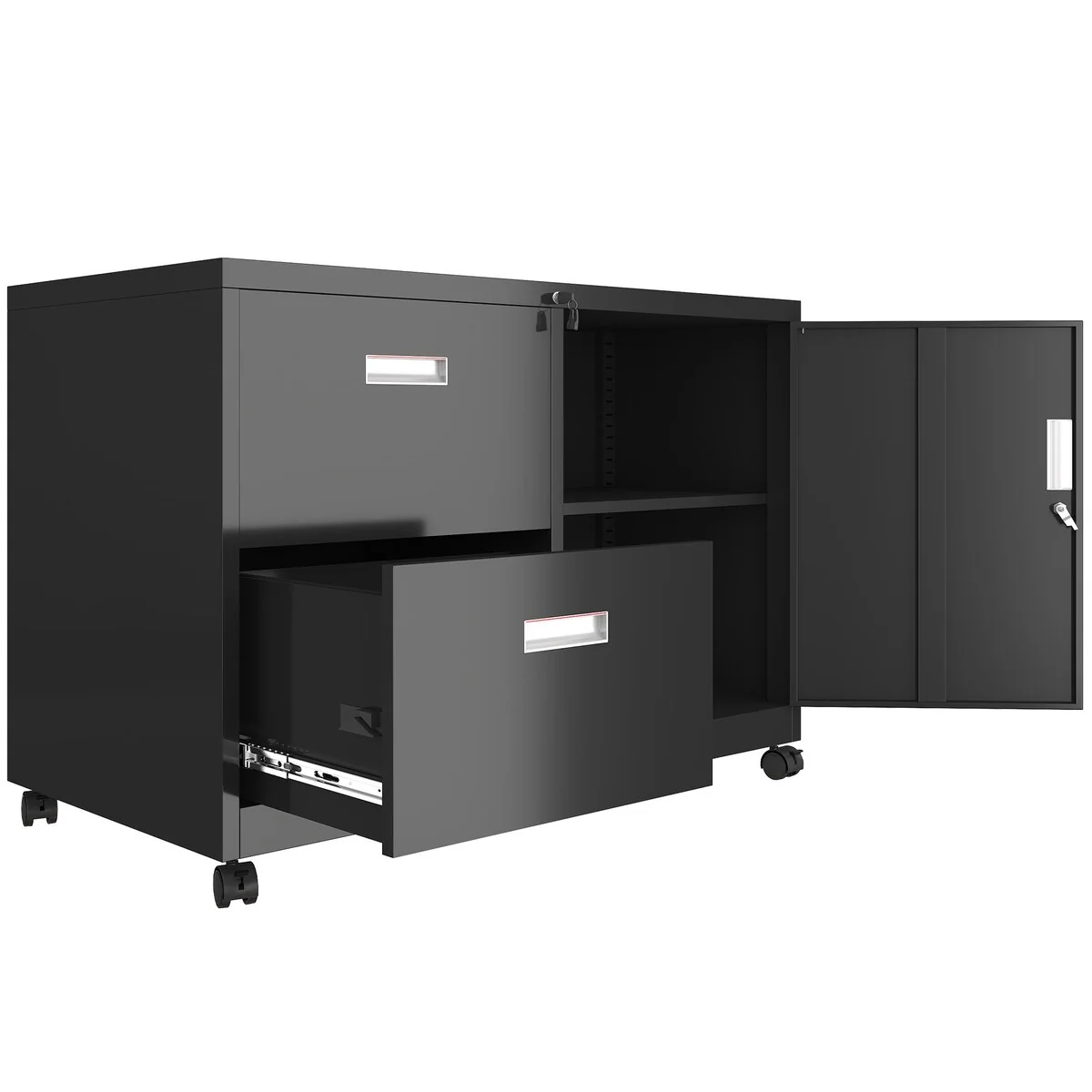 Metal Office Cabinet with 2 Drawers & Adjustable Shelves, Mobile Lateral Filing Cabinet with Lock