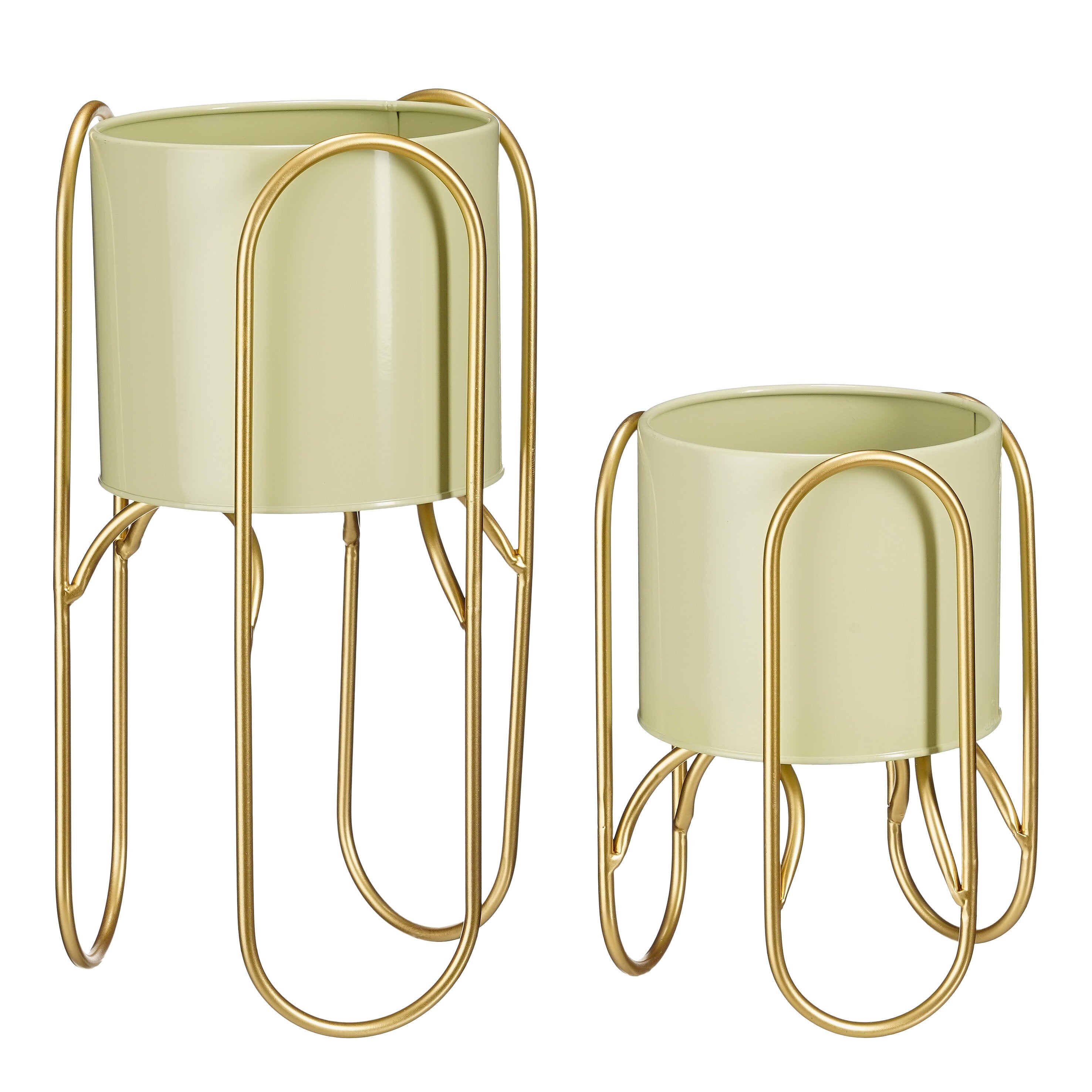 Mica Decorations Donau Bloempot op Standaard - Set van 2 - Metaal - H45 x Ø23 cm - Lichtgroen, Goud