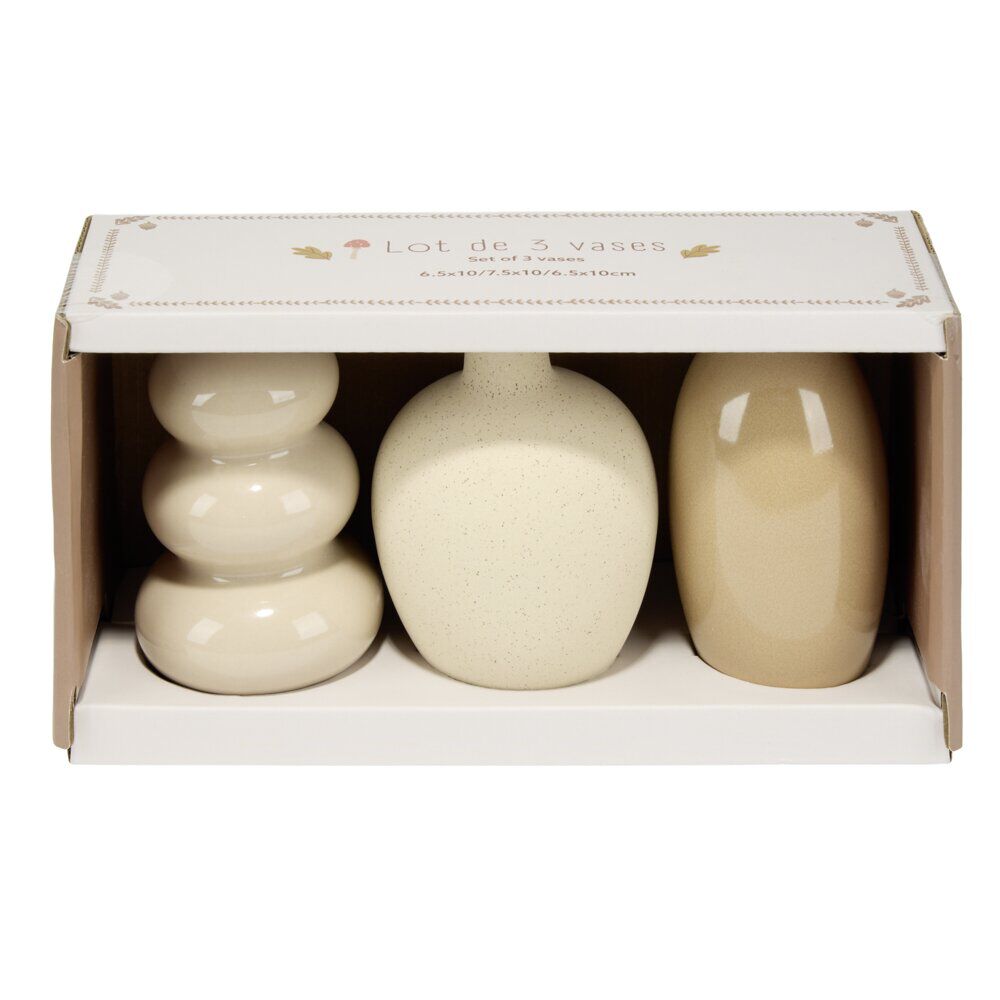 Vase contemporain x3 céramique beige Ø6,5xH10cm