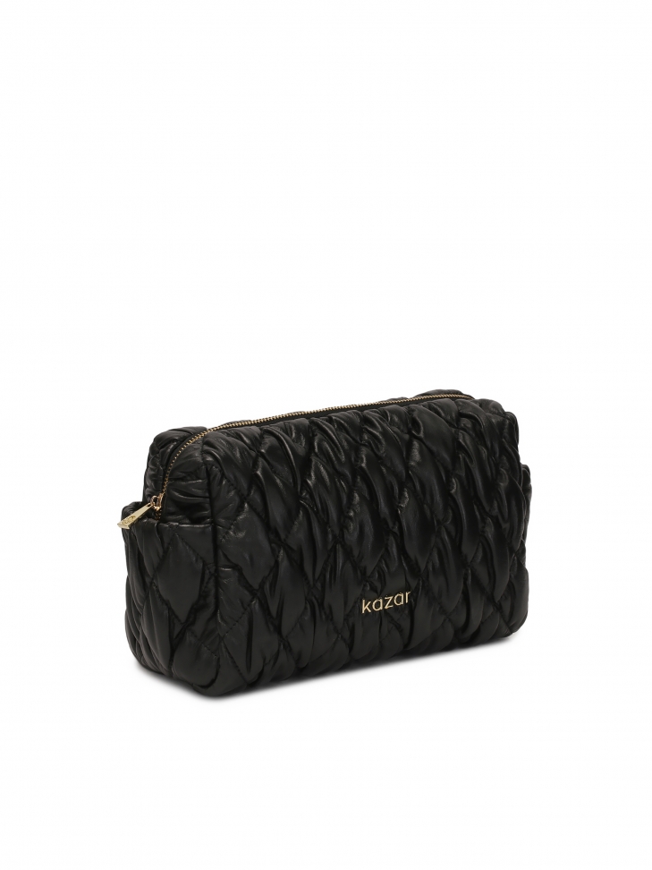 Black leather makeup bag with quilting