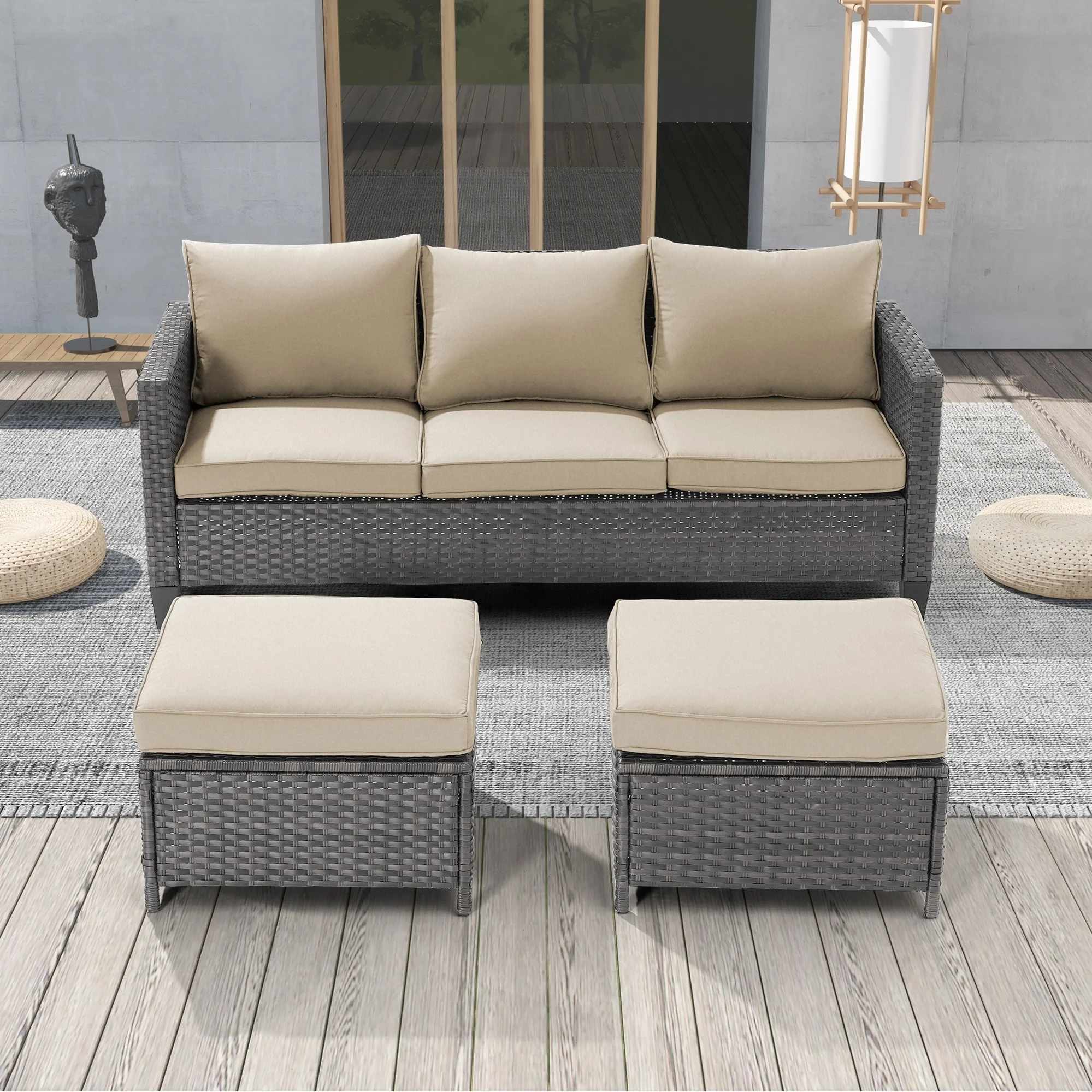 LIVOOSUN 3Pcs Patio Furniture Conversation Grey Rattan Patio Sofa Set