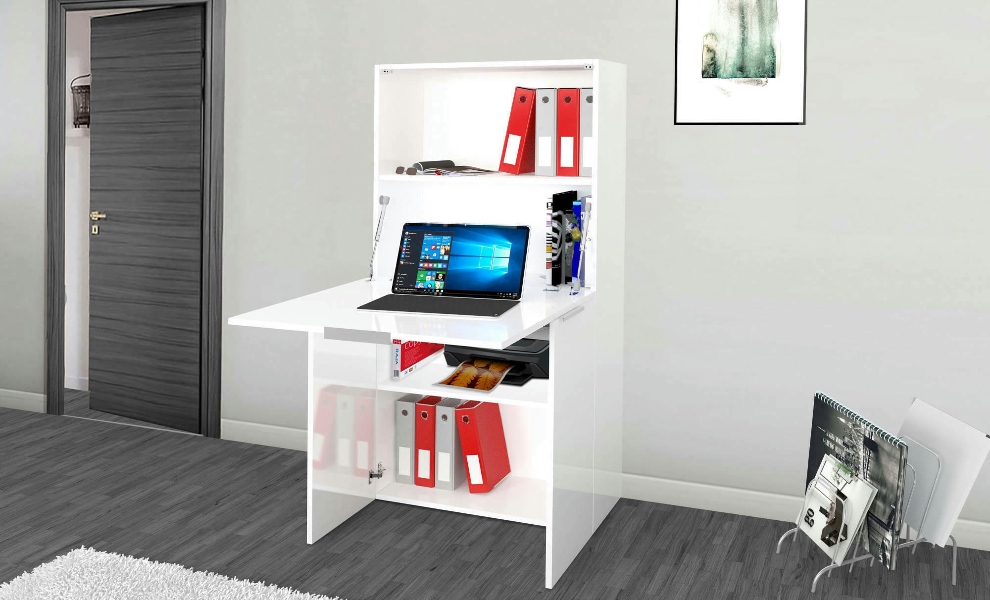 DDOSSEN - Bureau escamotable effet bois blanc brillant 70x35h140 cm