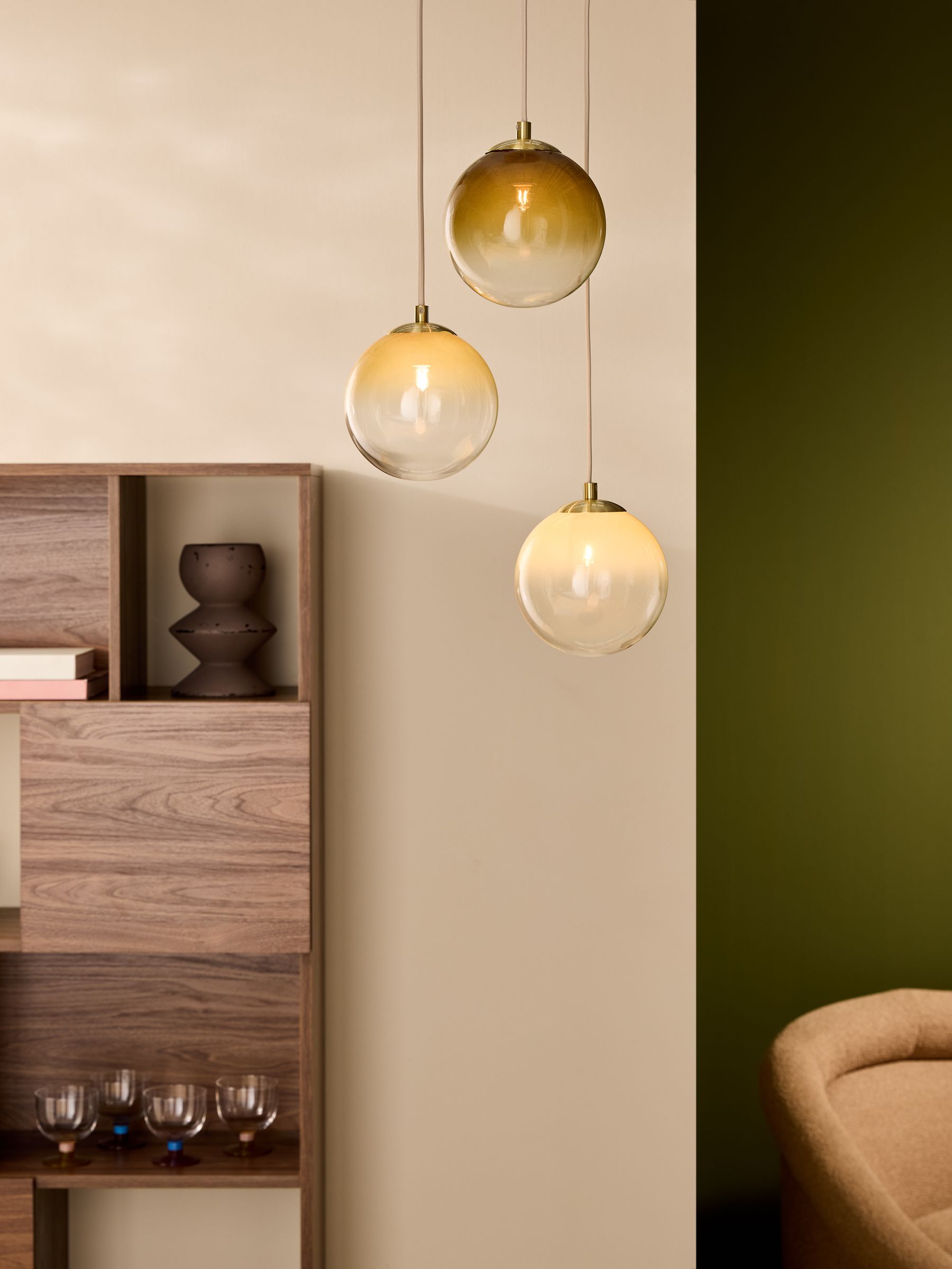 Globe 3 Light Ceiling in Brass/Green Ombre