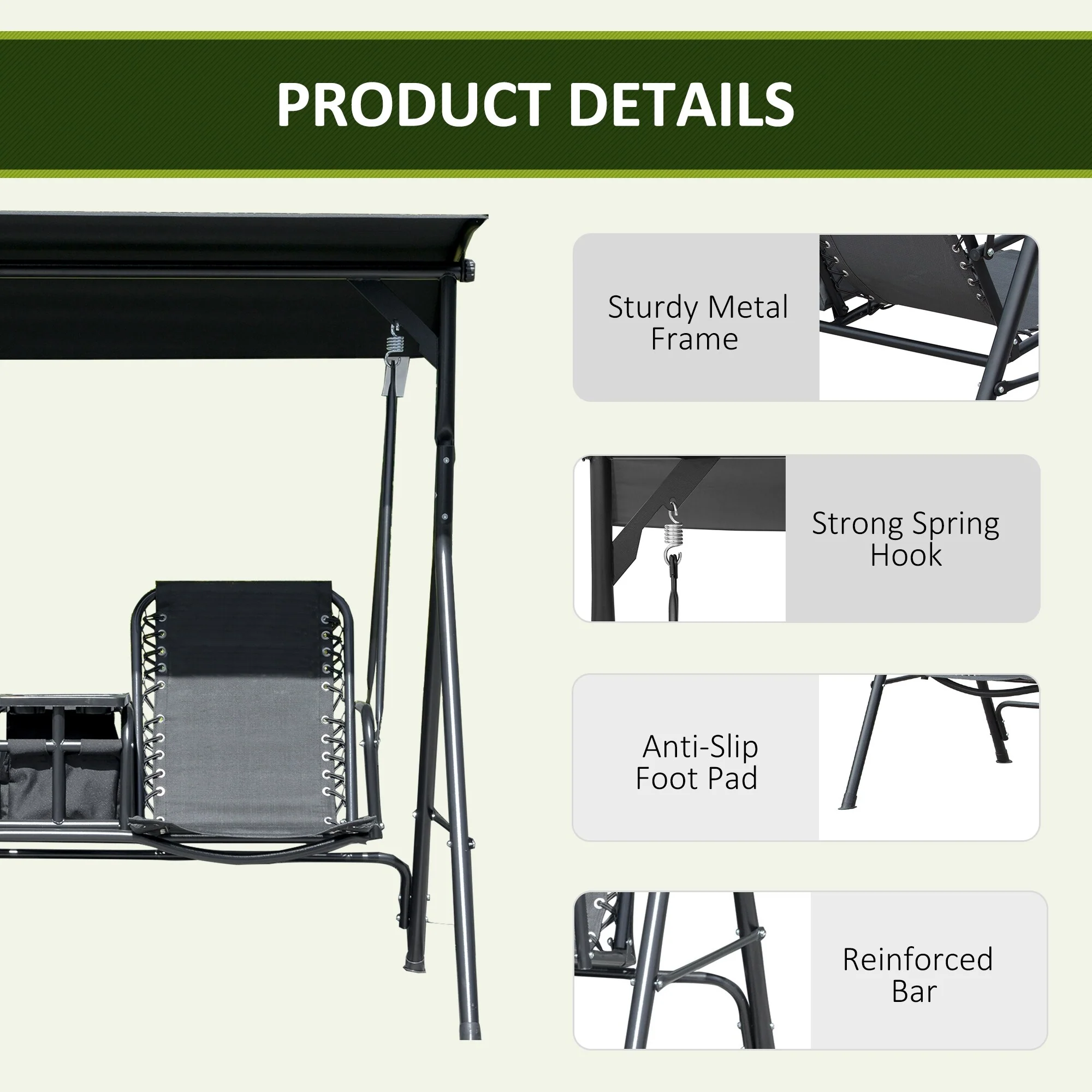 Steel 2-Seat Patio Swing with Storage Table and Cup Holders - Outdoor Canopy Glider (528lb Capacity)