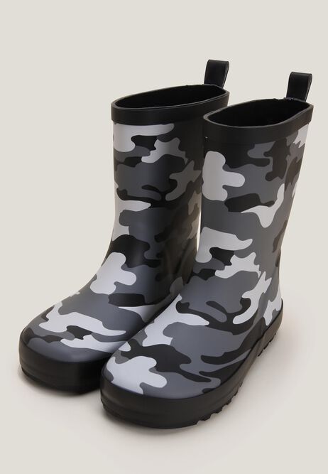 Boys Grey Camo Print Wellies