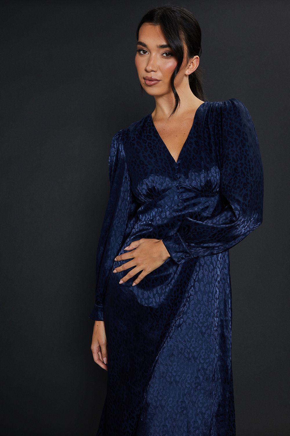 Dorothy Perkins Satin Animal Jacquard Empire Long Sleeve Midi Dress
