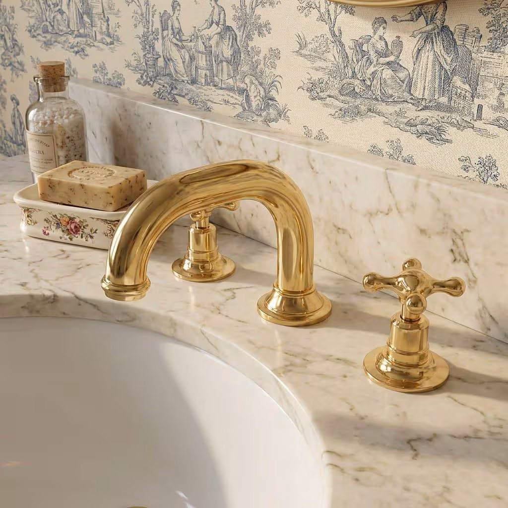 Solid Brass Widespread Bathroom Faucet, Vintage Cross Handle 3-Hole Sink Tap