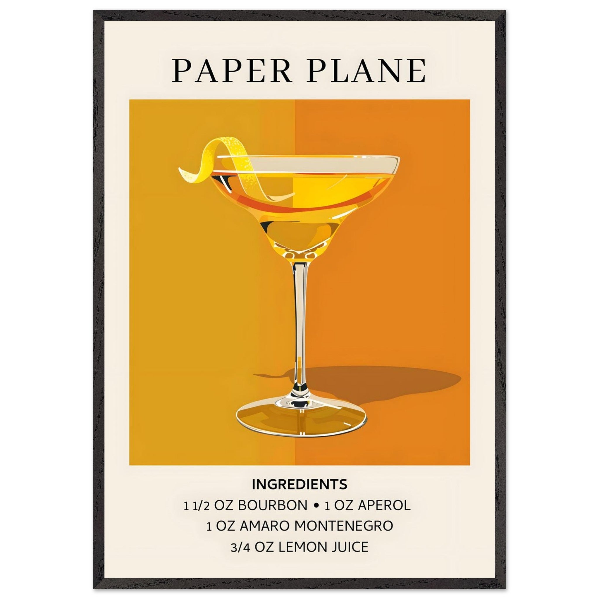 Artfulprints Poster met Lijst Paper Plane cocktail - Ingredients  - 70x100 cm - Oranje