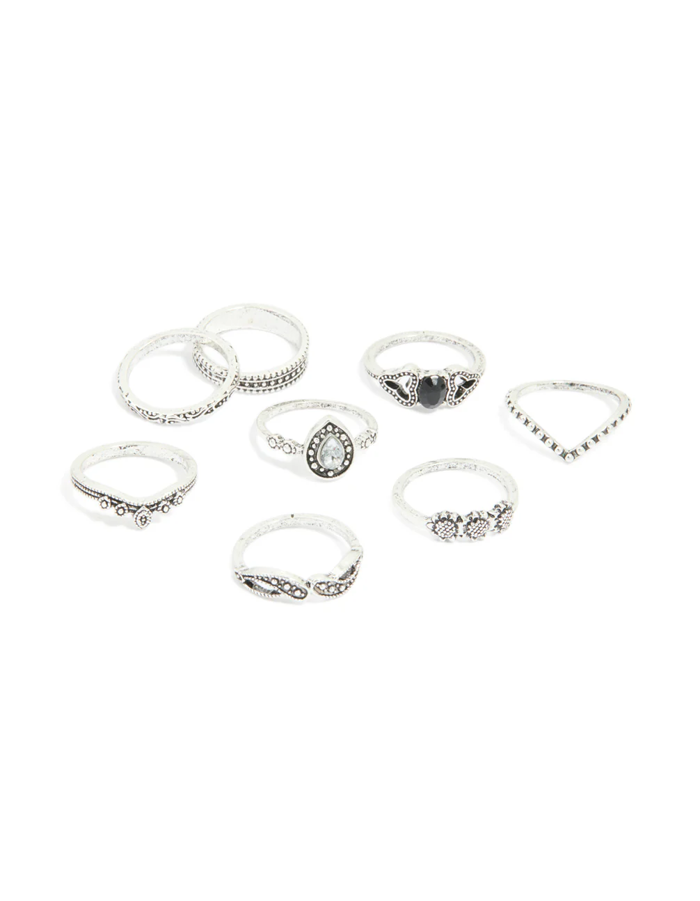 Antique Silver Diamante Signet Rings 8-Pack