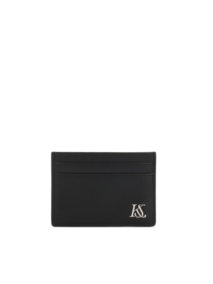Black leather card case with logo