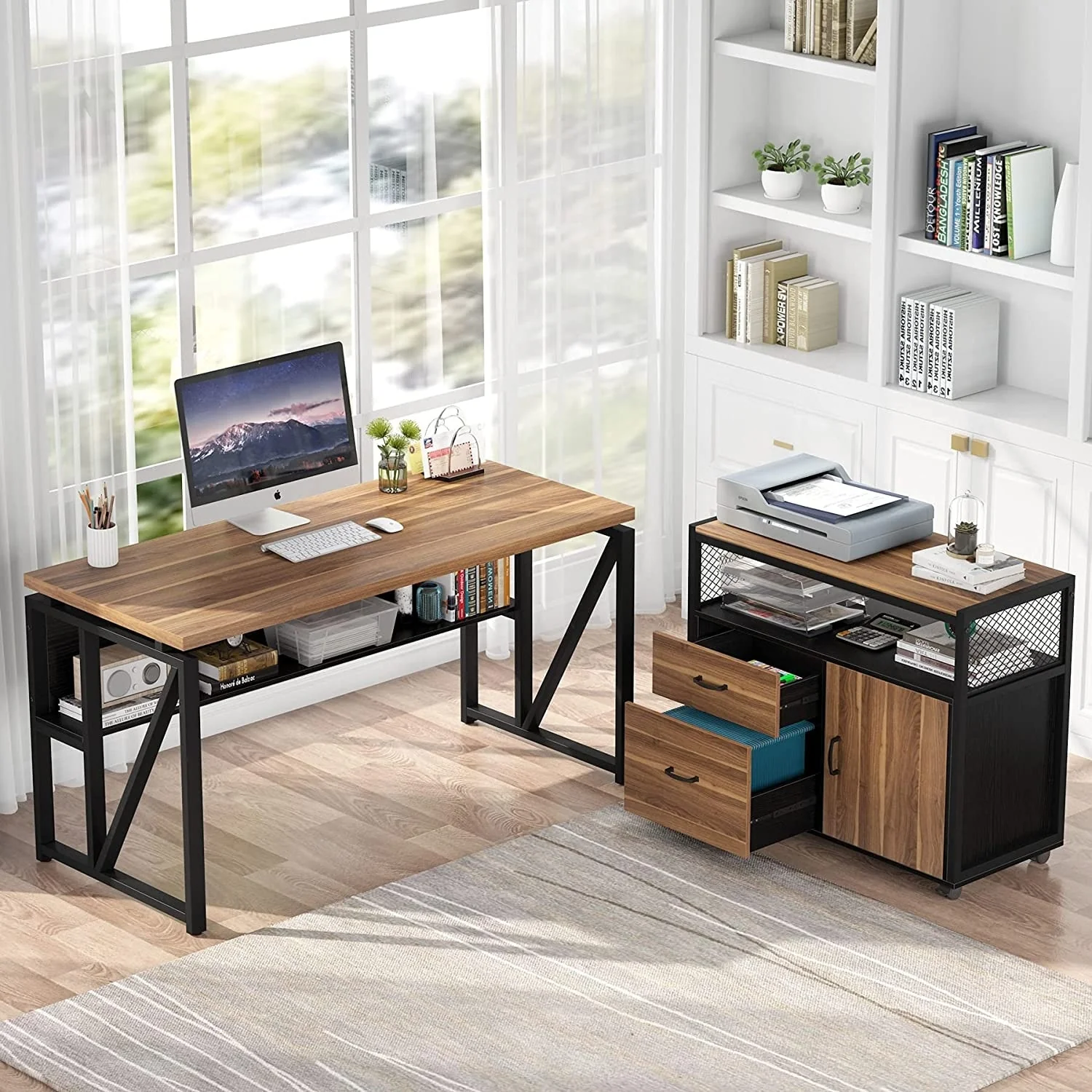 L Shaped Desk with Drawer, Executive Desk and lateral File Cabinet, 2 Piece Home Office Furniture