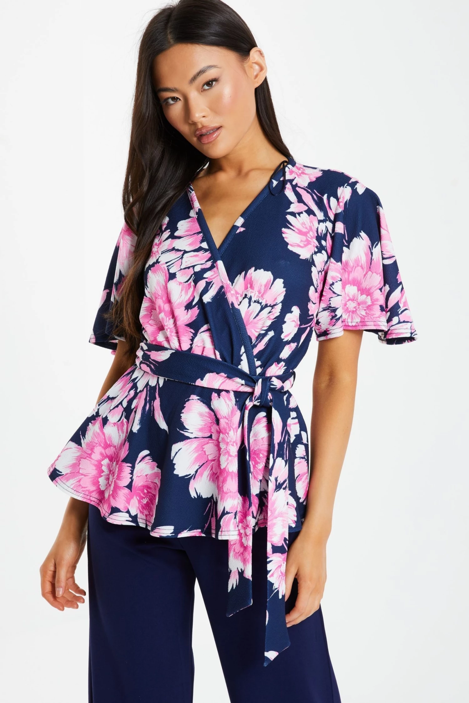 Quiz Navy & Pink Floral Wrap Peplum Top