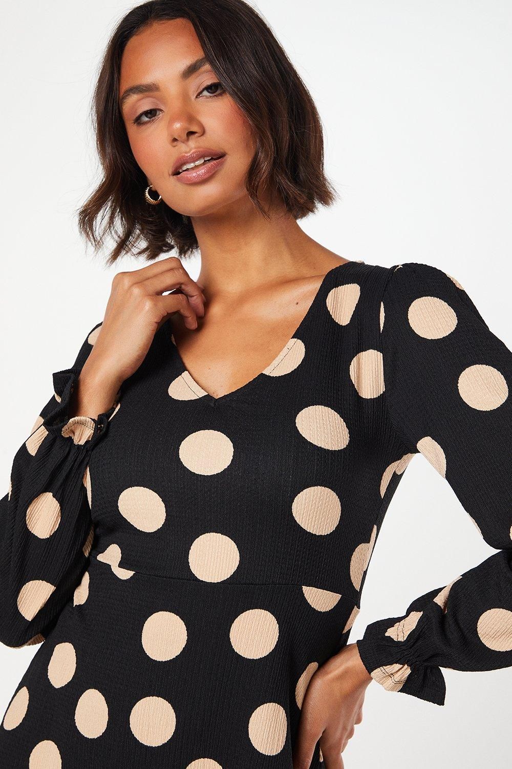 Dorothy Perkins Spot Long Sleeve V Neck Mini Dress