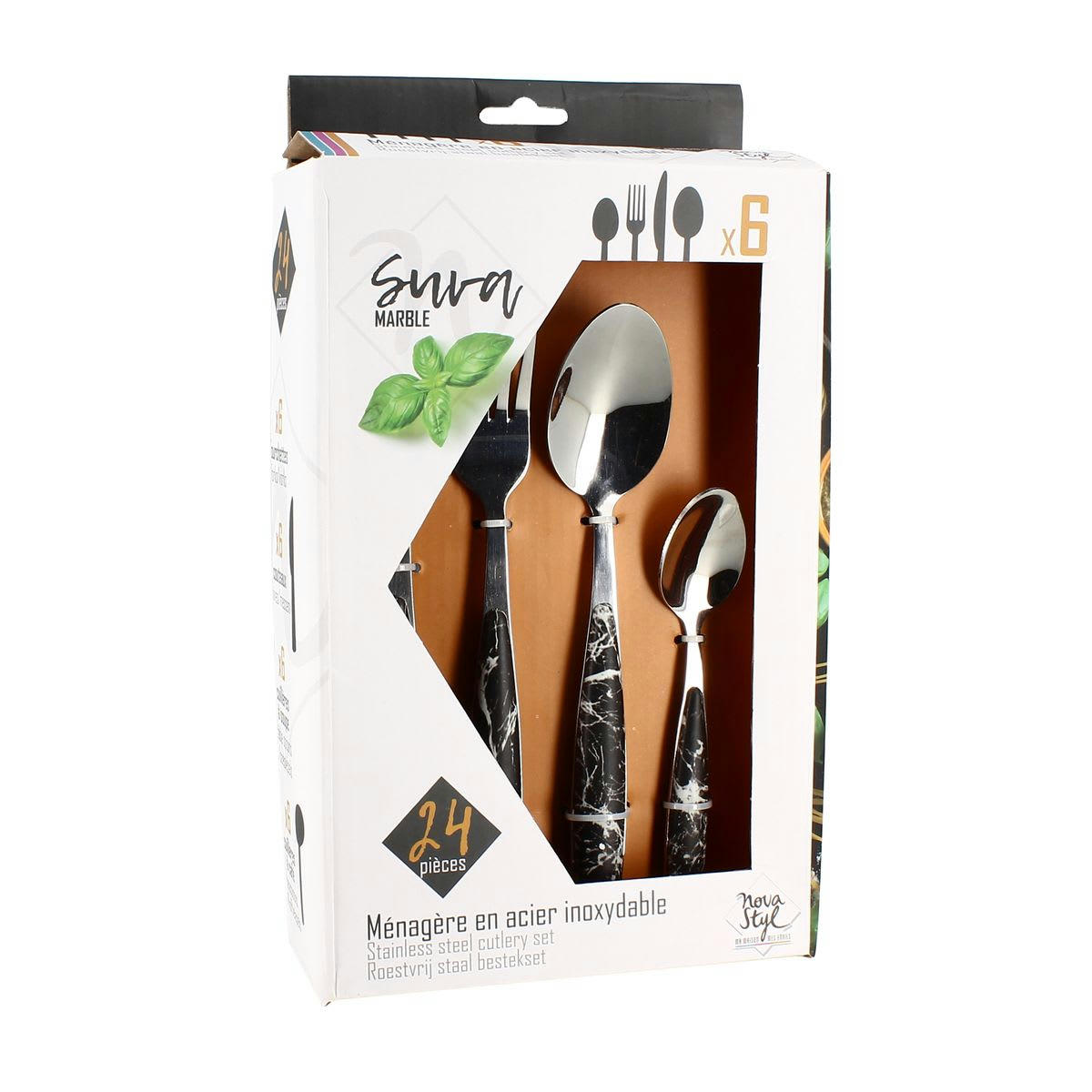 SUVA - Ménagère 24 pièces en acier inoxydable manche effet marbre noir