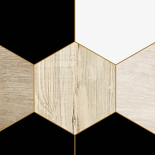 Crédence pour salle de bain en PVC style bois carreaux de ciment beige et noir 140x30 cm (en 2 bandeaux)