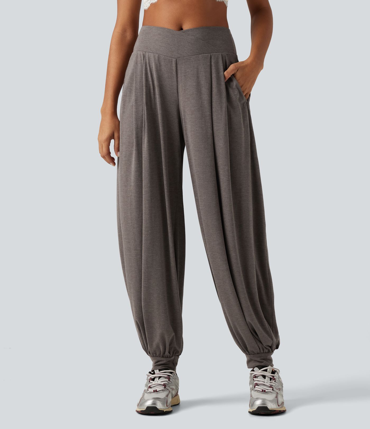Pantalon de yoga ballon taille haute à taille croisée avec poches