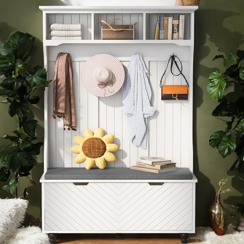 47.2'' Wide Storage Bench with Coat Rack and Cushion, 4-Sturdy Hooks Hall Tree with Shoe Storage for Hallway Entryway, White