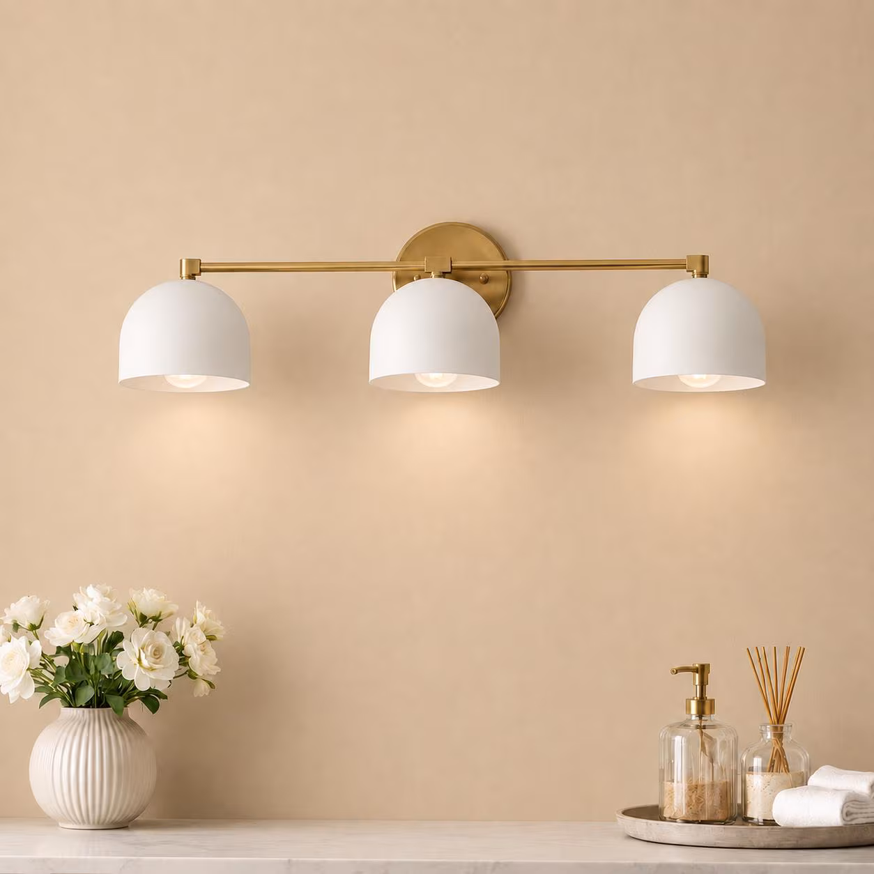 Mid Century Modern Brass Vanity Wall Light, 3-Light Fixture, Matte White Shades
