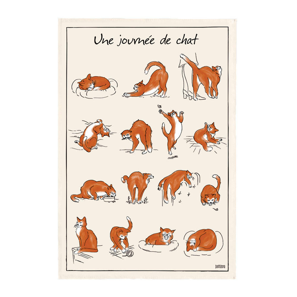 GENERIQUE - Torchon imprimé journee de chat en coton ecru 48 x 72