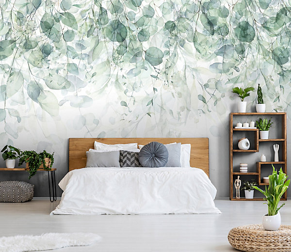 Papier Peint Intissé Panoramique Feuilles Vert 400x280 cm - Colle Inclus - Colle Inclus - Chambre et Salon - Vert Blanc Nature