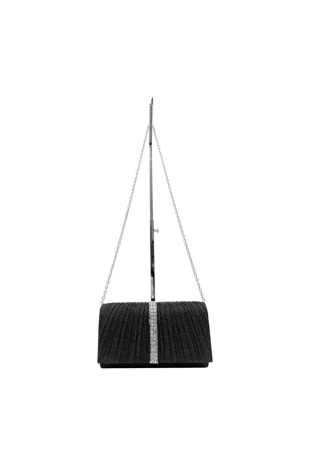 Vellin Glitter Pleated Clutch Bag with Crystal Trim and Chain Strap