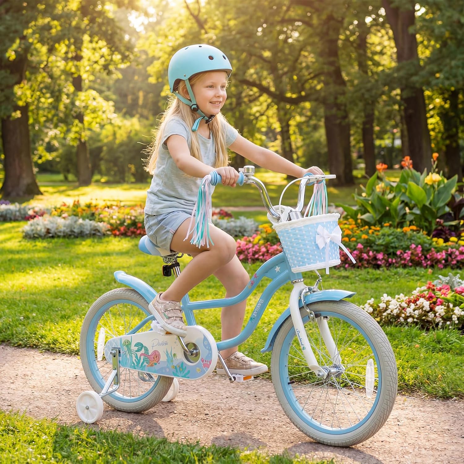 BABY JOY Kids Bike, 12 14 16 18 Mermaid Girls Bike for 3-8 Years Old w/Basket, Training Wheels, Hand & Coaster Brakes, Adjustable Seat & Handlebar, 20 Children Bicycle with Kickstand for 8+