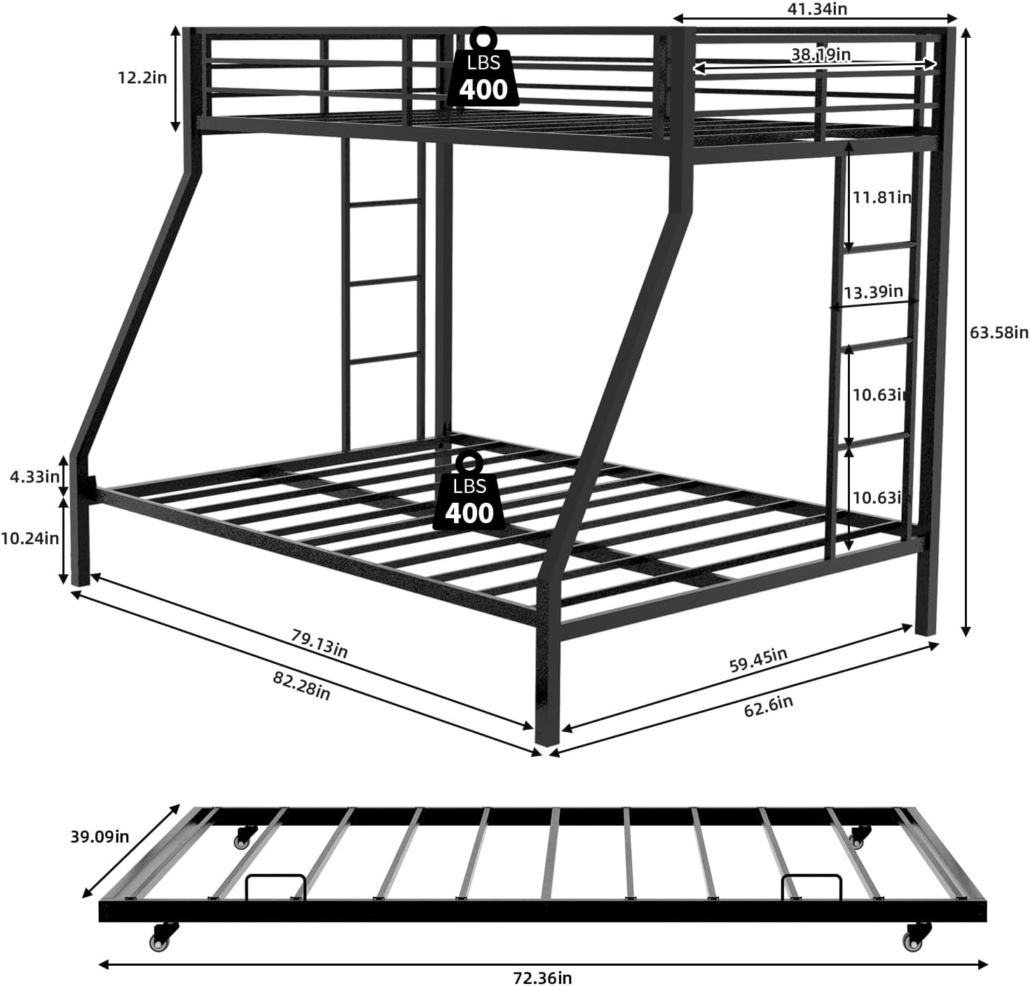 Twin XL Over Queen Bunk Bed with Trundle, Heavy Duty Metal Bunk Bed Frame with 2 Ladders and Full-Length Guardrail, Space-Saving Bunk Beds for Kids Teens Adults, No Box Spring Needed, Black