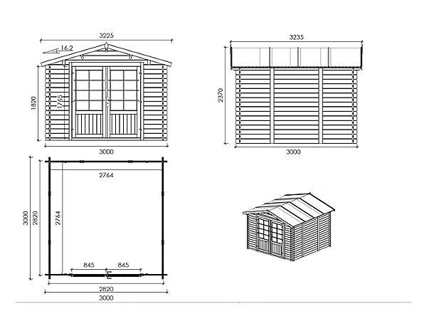 Abri de jardin en bois - 9m2 - 3x3m - Ep. 28mm - Couleur: naturel - DOM664