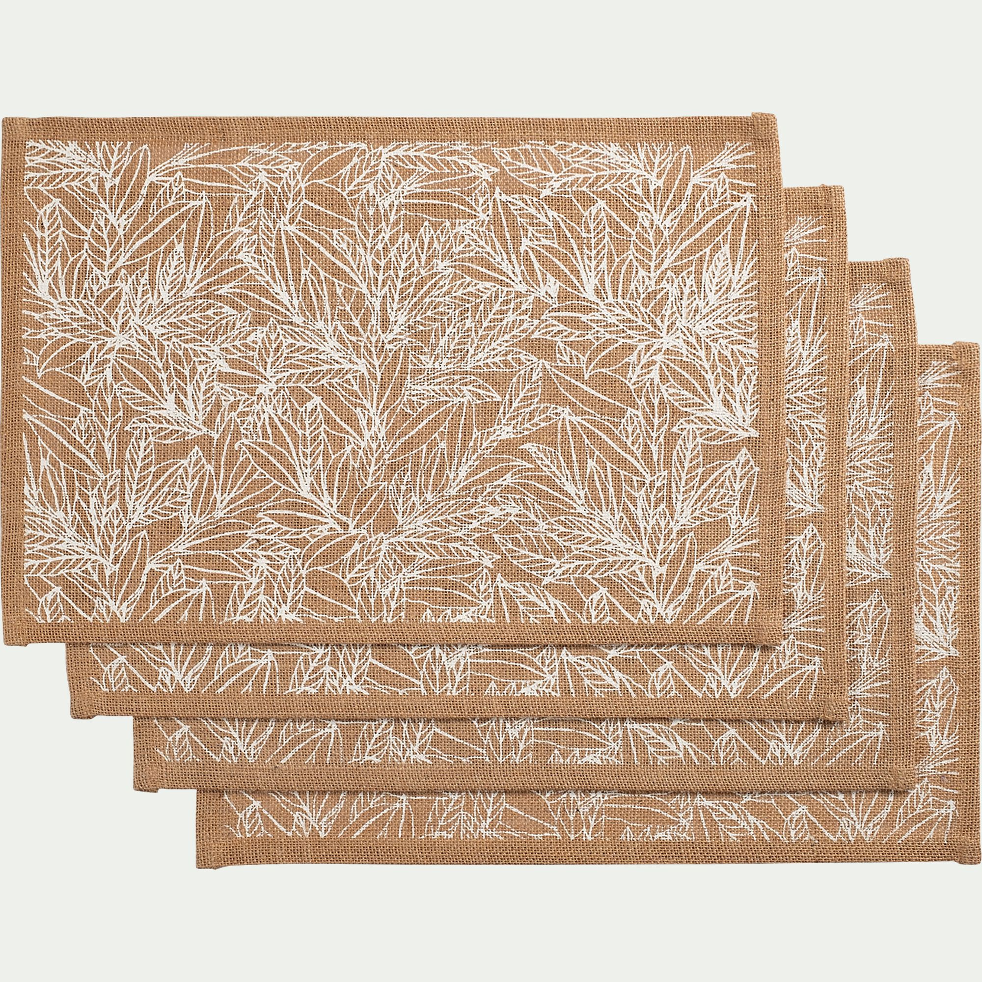 UZES - Lot de 4 sets de table motif laurier en jute 30x45cm - naturel