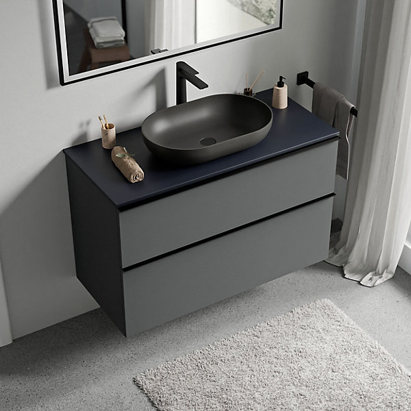 Meuble sous vasque suspendu MDF Anthracite mat, plan vasque Bleu nuit mat, poignée Anthracite mat - 100x46x62cm - LAVOA