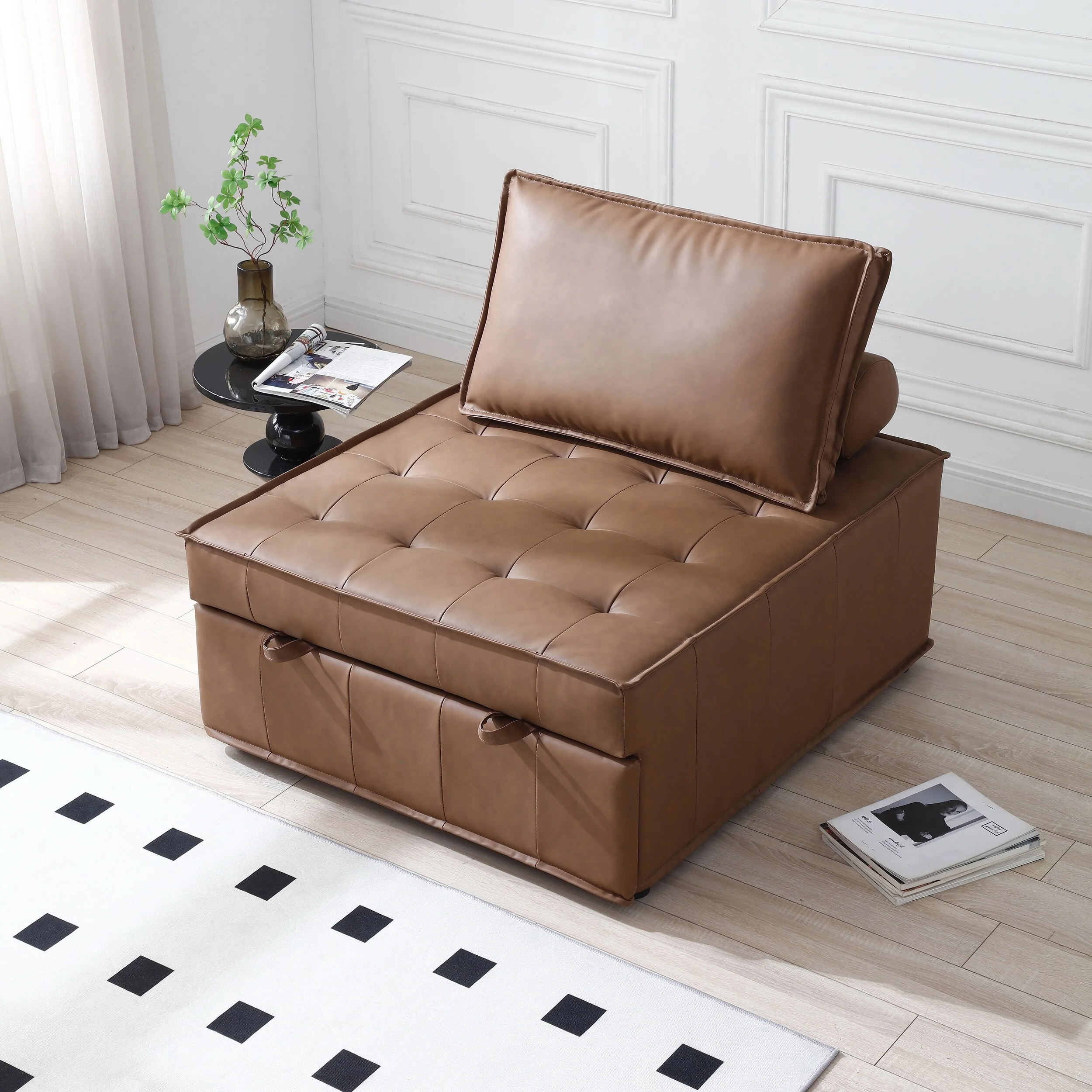 Brown 39 Faux Leather Single Multipurpose Ottoman Pull Out Sofa Bed with Adjustable Backrest and Pillow for Living Room
