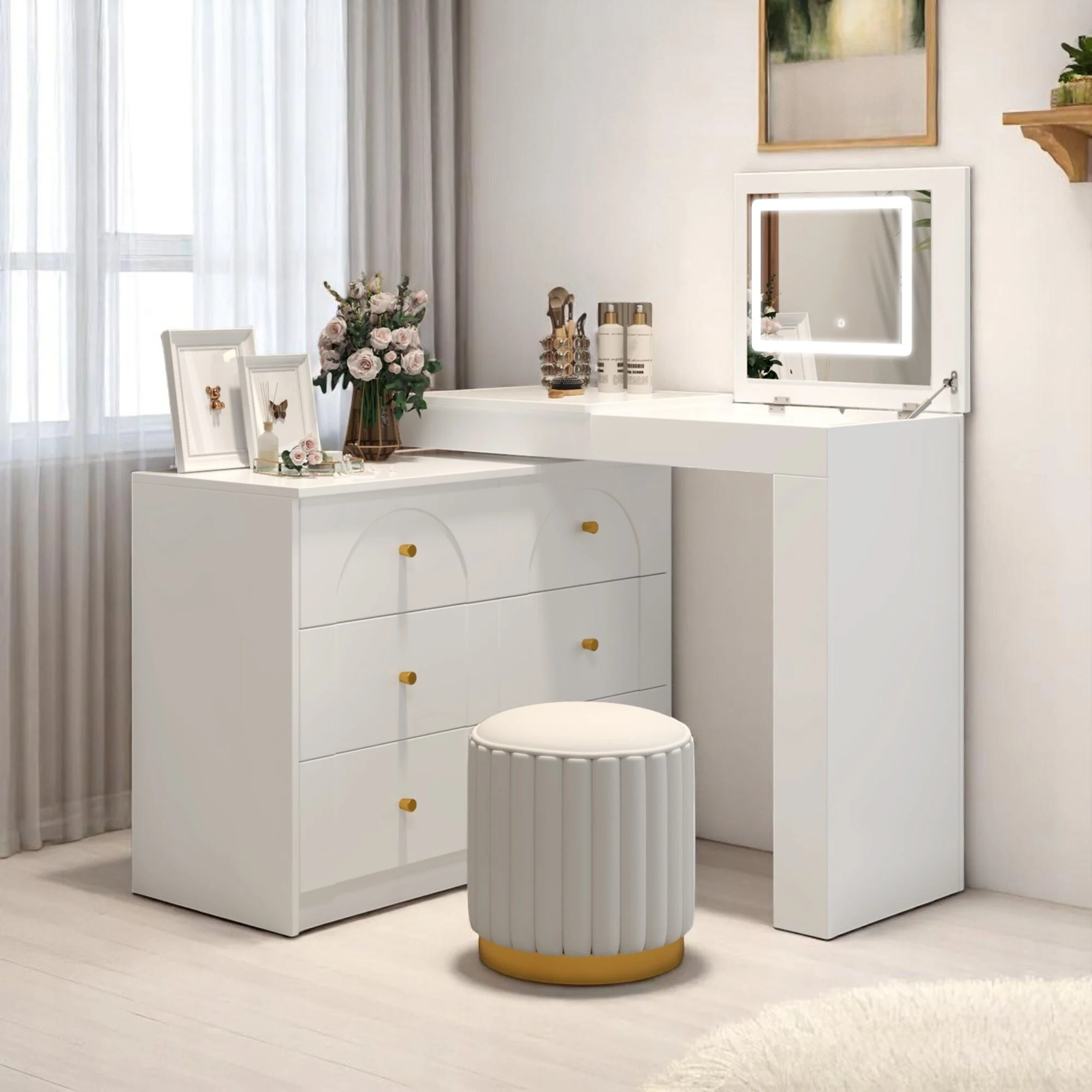 KISRAIS Vanity Desk with Mirror, Lights, and Flip-Top Tabletop
