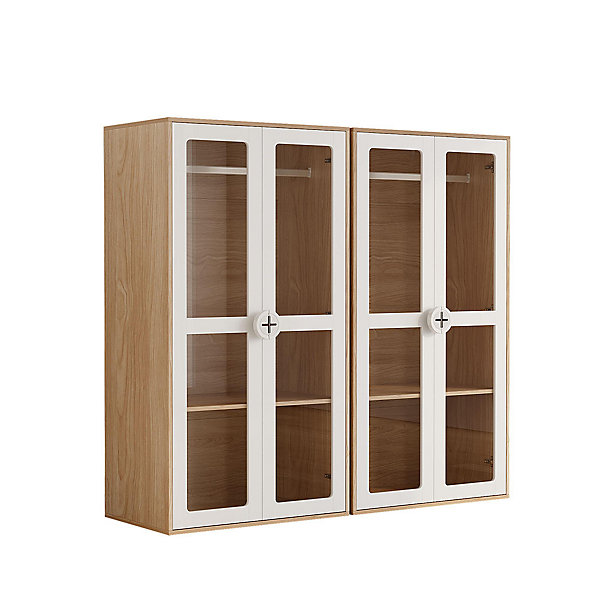 Armoire pour enfants à double porte vitrée, 160x50x150cm, blanc   couleur bois naturel, avec tringle et combinaison de 2 armoires