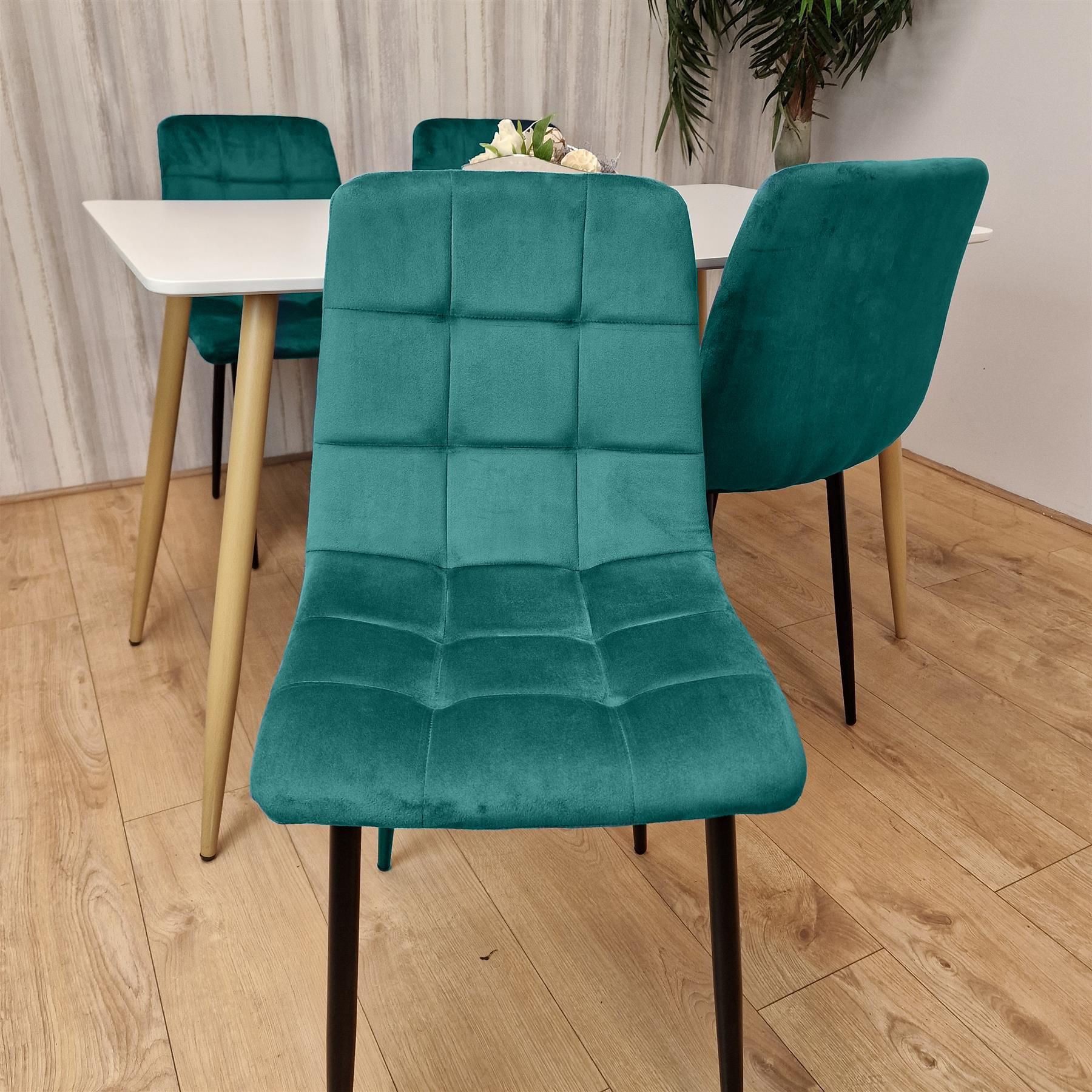 KOSY KOALA Wooden White Dining Table Set with 4 Green Velvet Upholstered Chairs