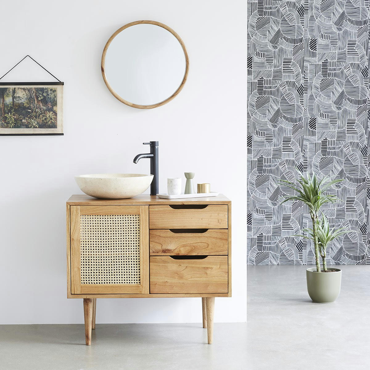 HANA - Meuble sous vasque en mindi massif et cannage 85 cm