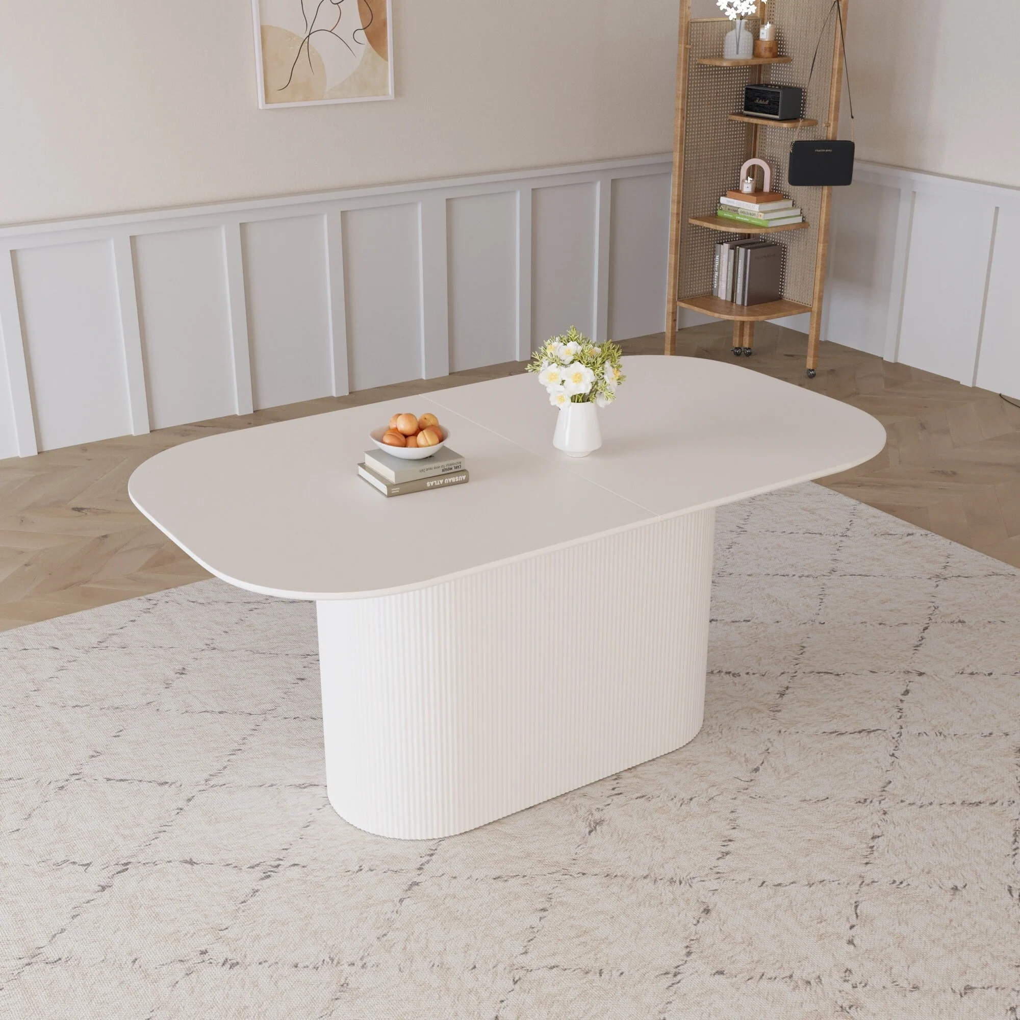 63  MDF New Cream Style Dining Table and Regular Edge Table, 4-8 Person Dining Table, Vertical Striped Table Legs