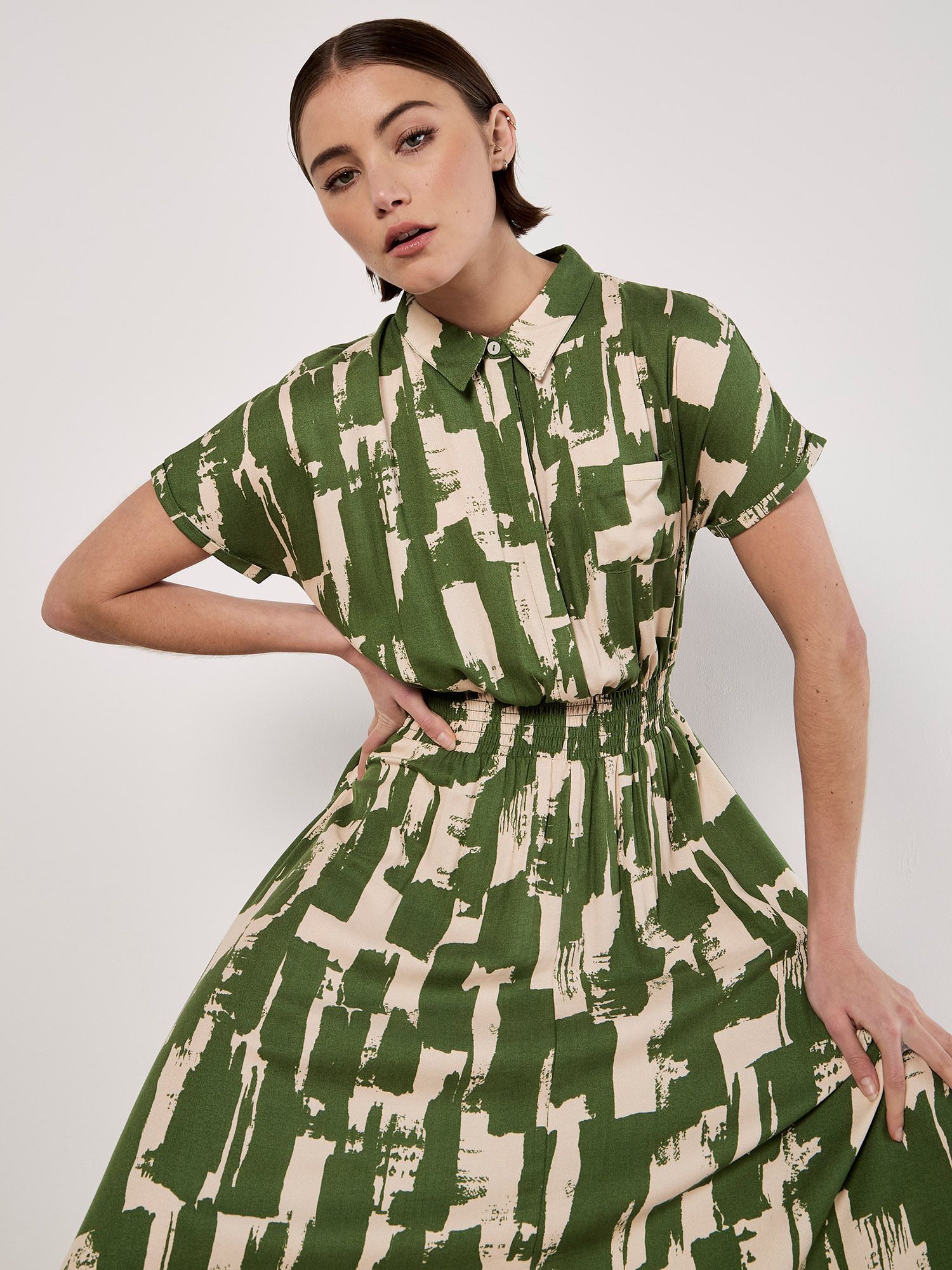 Apricot Brushstroke Squares Utility Midi Dress