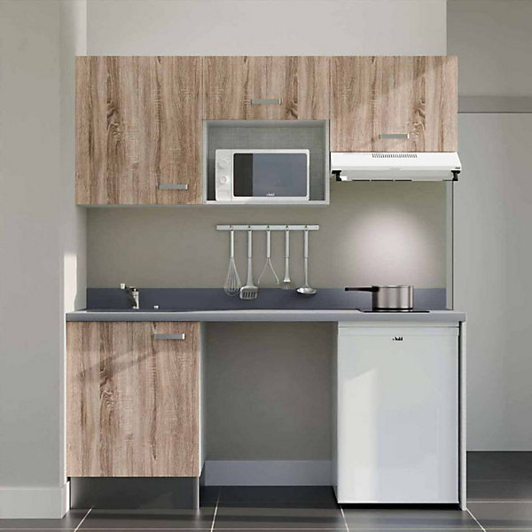 Kitchenette K55 - 180 cm - façades Bois - Plan monobloc en quartz coloris Cromo évier à gauche - Electroménager Blanc