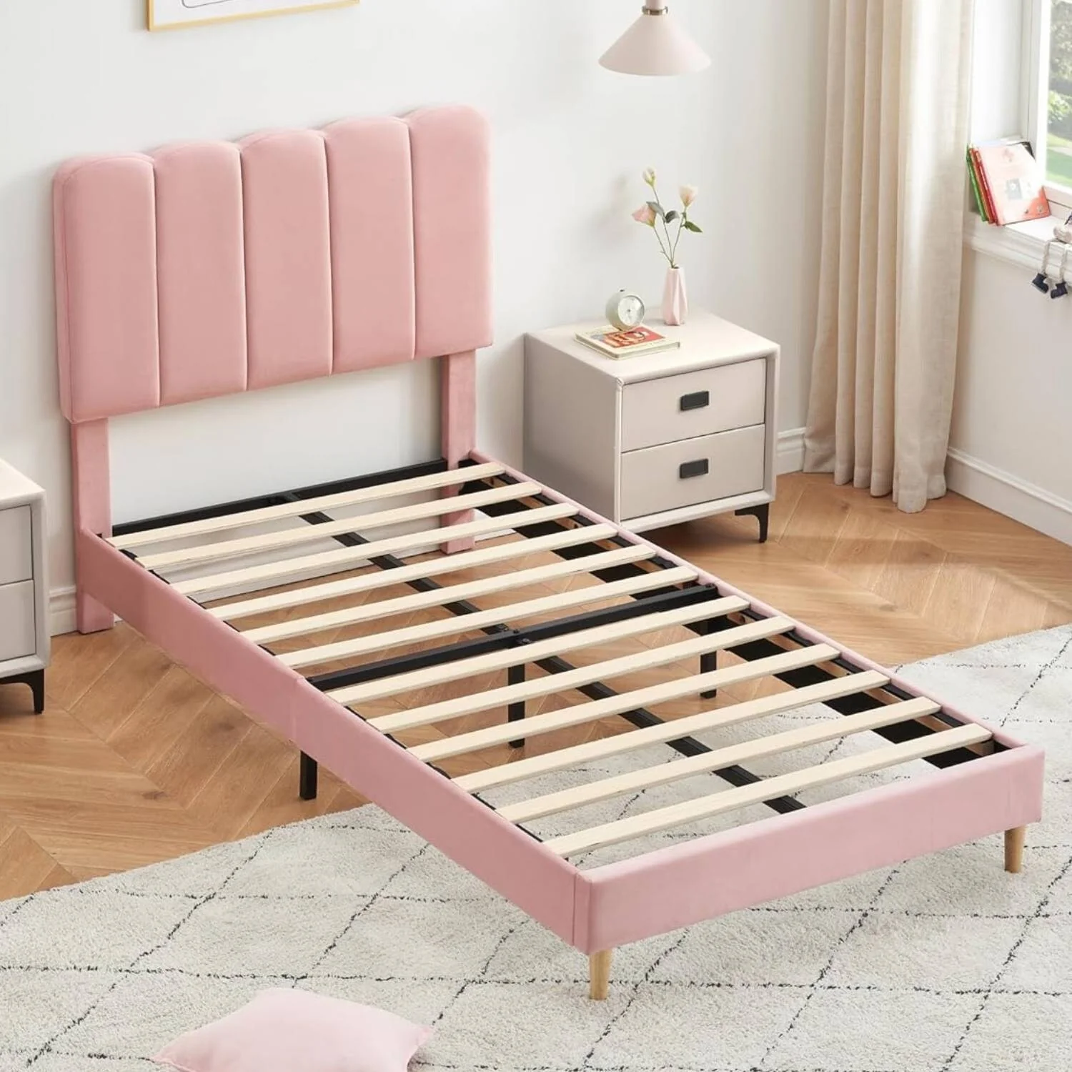 Twin Size Upholstered Platform Bed Frame with Headboard for Girls