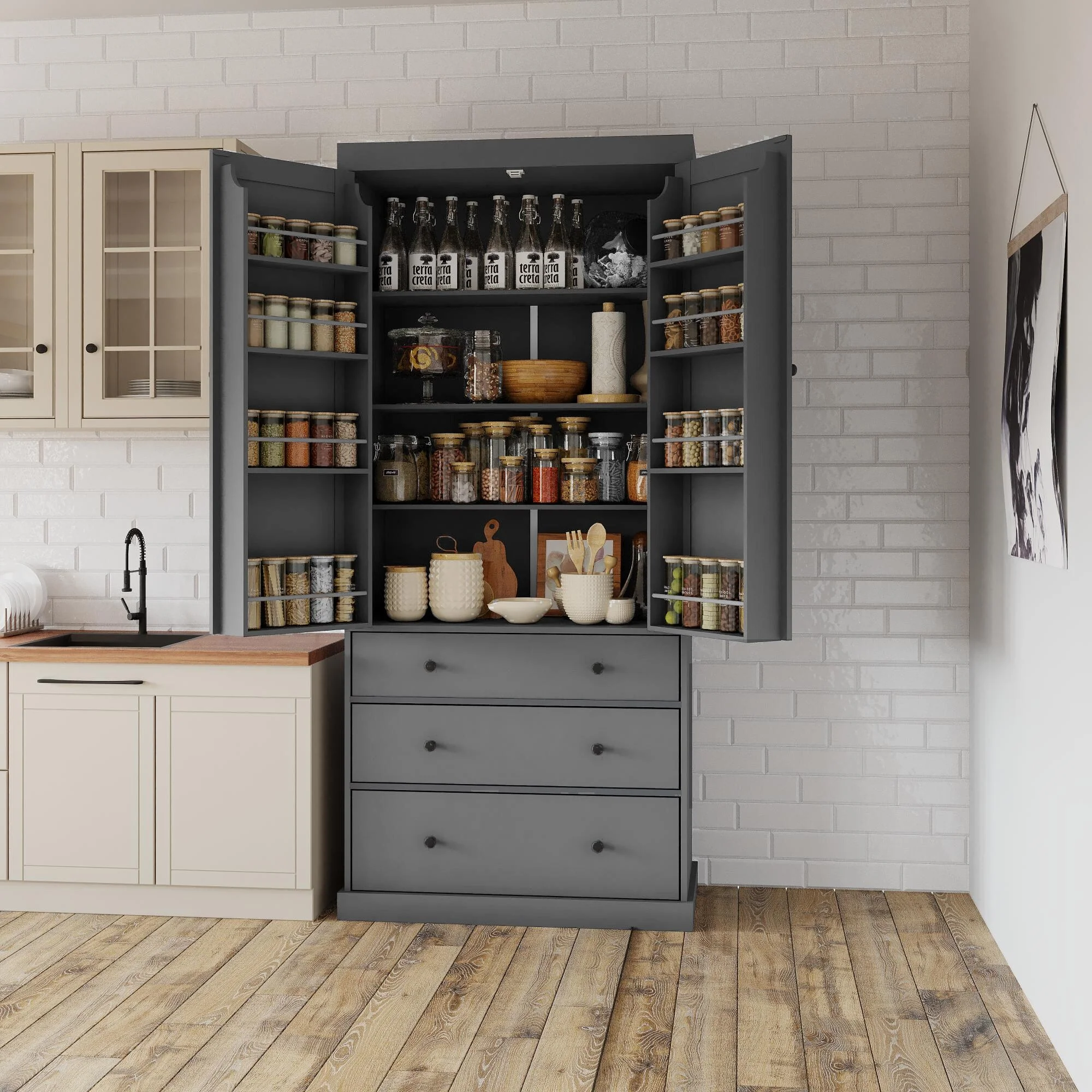 Roomfitters 77 Farmhouse Tall Kitchen Pantry with Adjustable Shelves and 8 Door Shelves