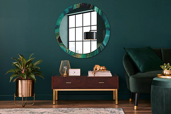 Miroir Rond Cadre Verre Imprimé Wallfluent fi90 cm Marbre émeraude Grand Modèle Tendance Design Glamour