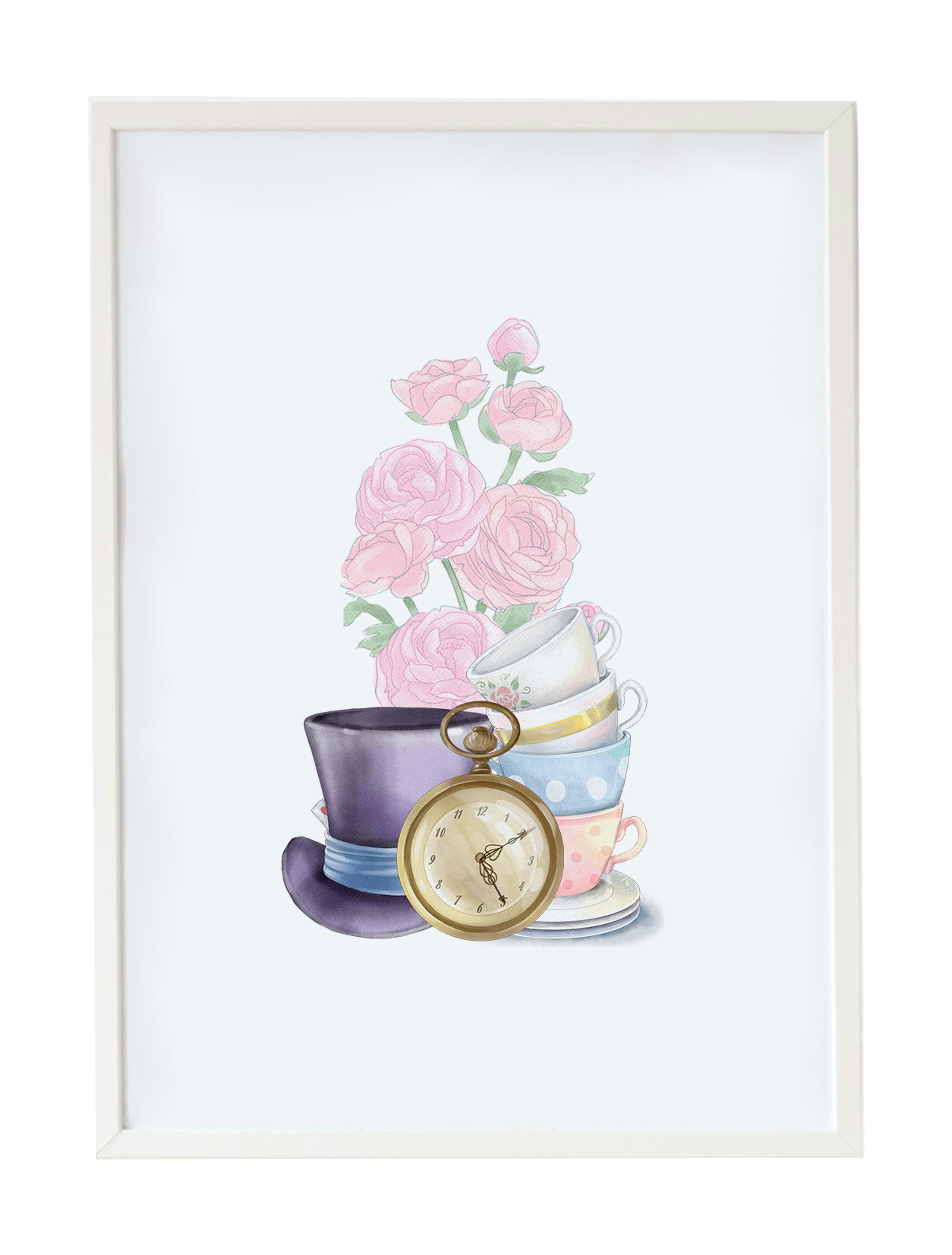 DECOWALL - Impression fleurs et objets Alice encadrée en bois blanc 43X33 cm