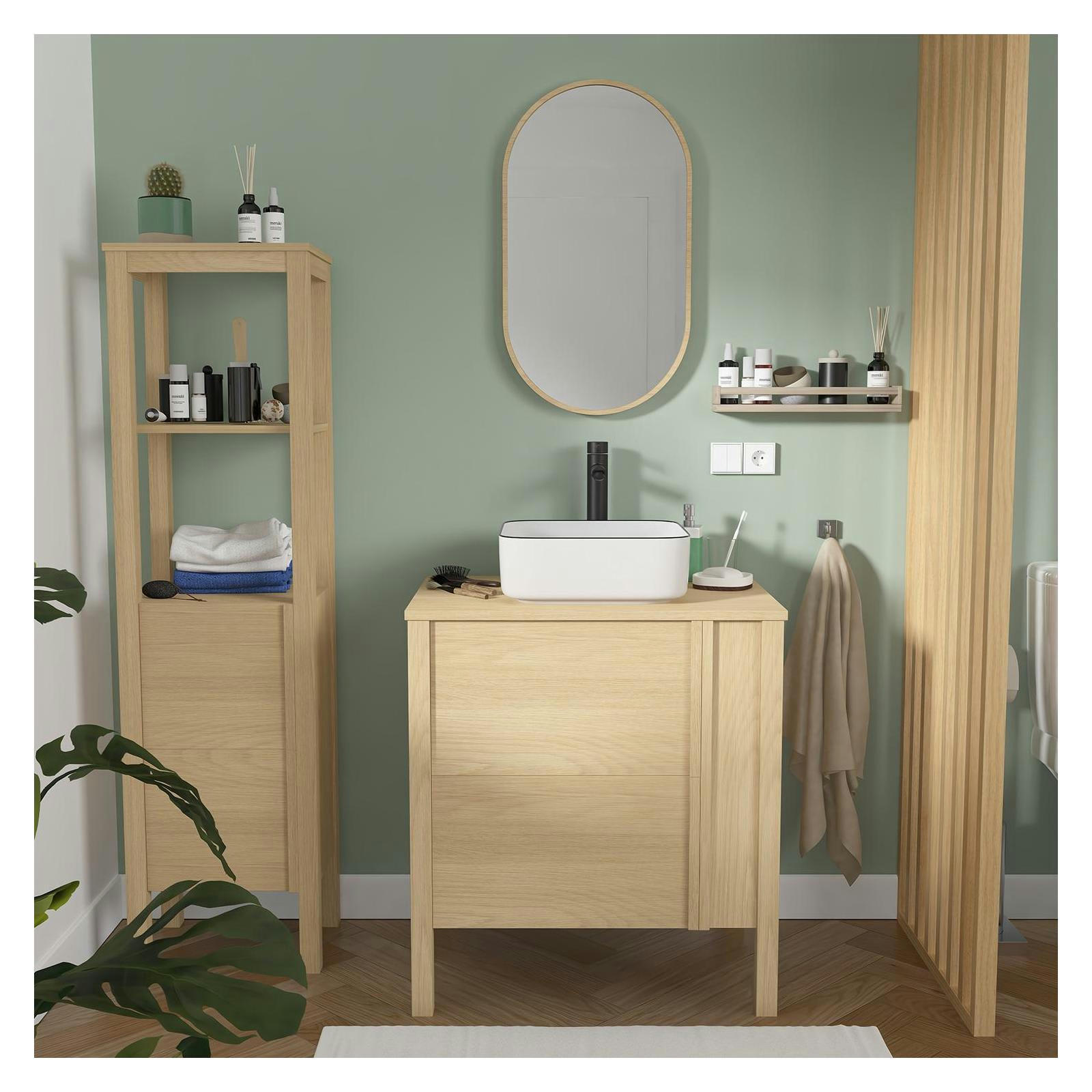 NESTO - Meuble simple vasque 70cm chêne  + vasque + robinet + miroir + colonne
