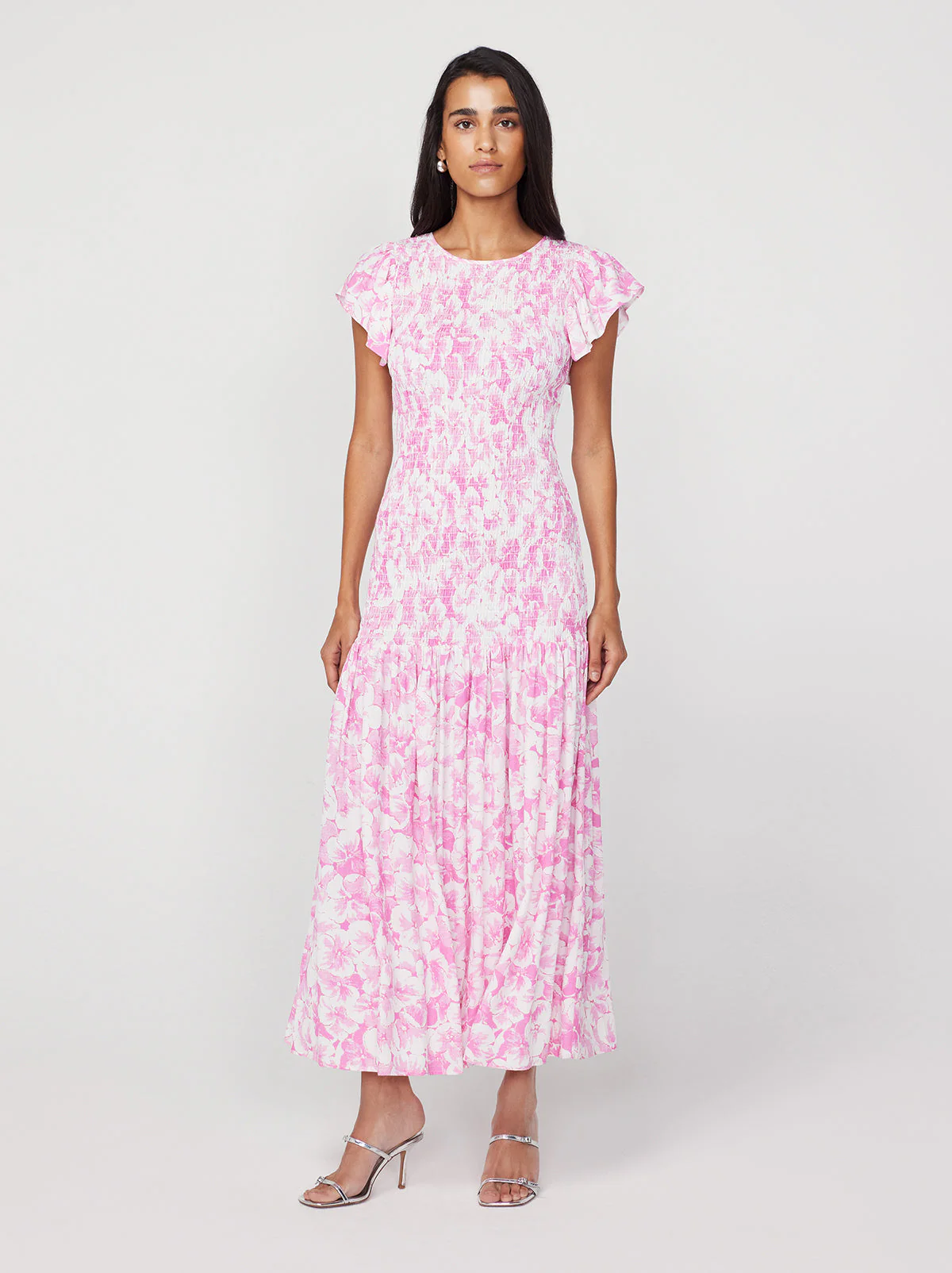 Jemima Pink Pansy Print Shirred Maxi Dress