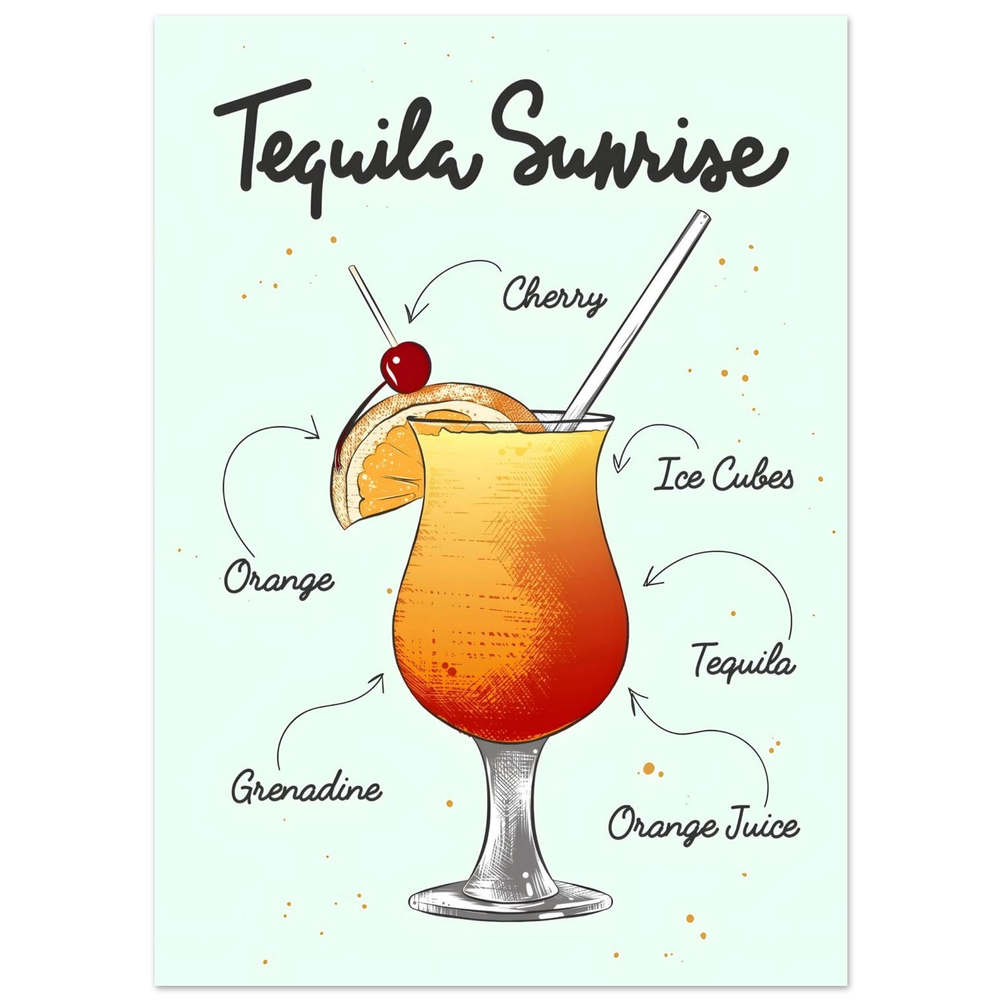 Artfulprints Tequila Sunrise cocktail – Illustratie  poster 50x70 cm
